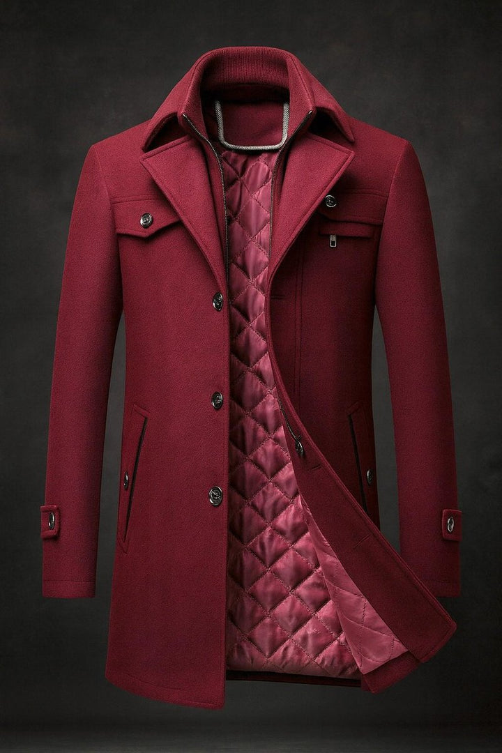 Men's Quilted-Lined Wool Coat Double-Collar Overcoat - Burgundy