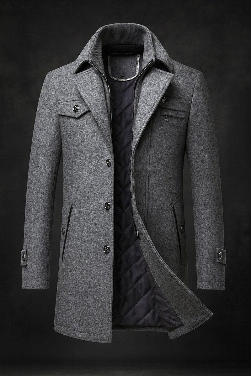 Men's Quilted-Lined Wool Coat Double-Collar Overcoat - Grey