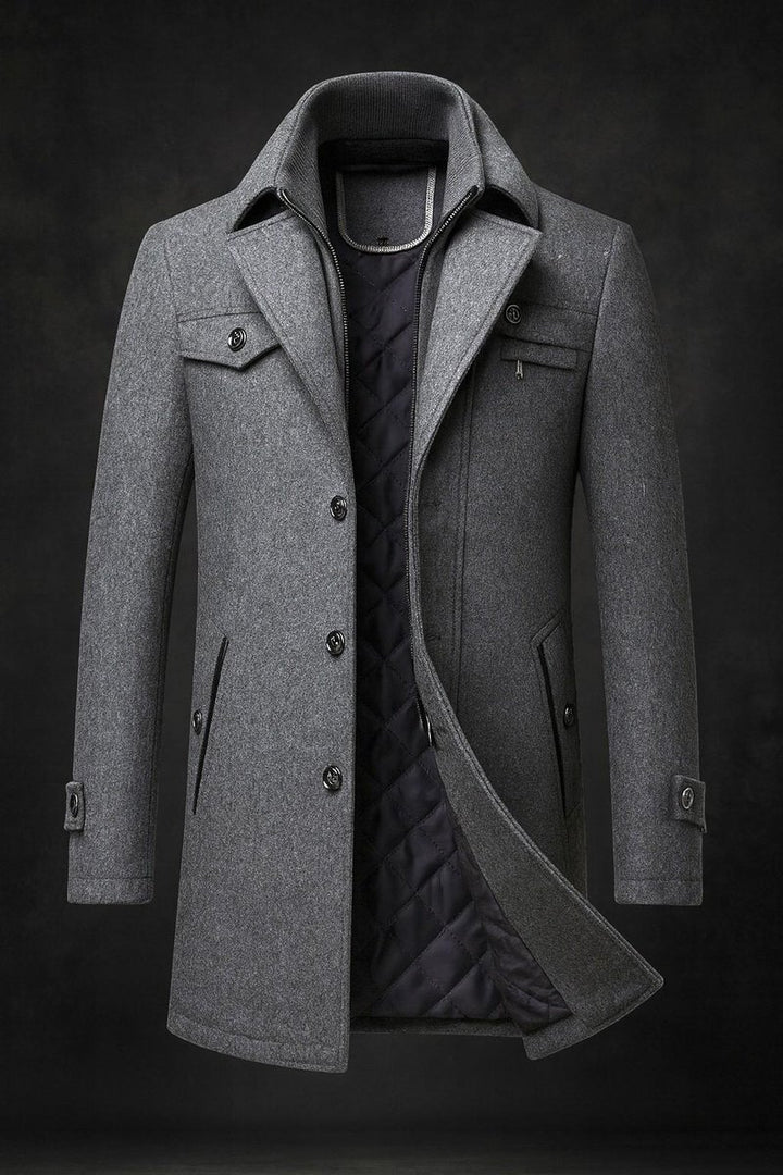 Men's Quilted-Lined Wool Coat Double-Collar Overcoat - Grey