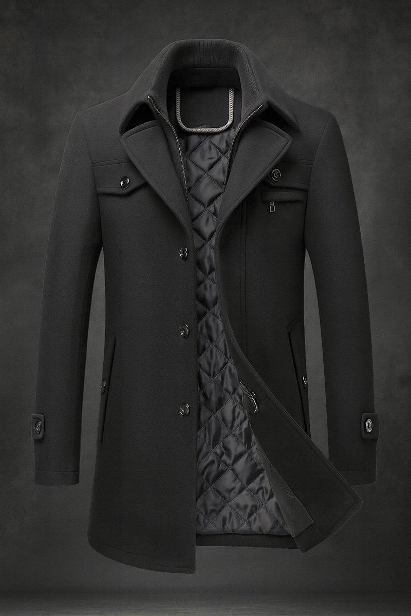 Men's Quilted-Lined Wool Coat Double-Collar Overcoat - Black