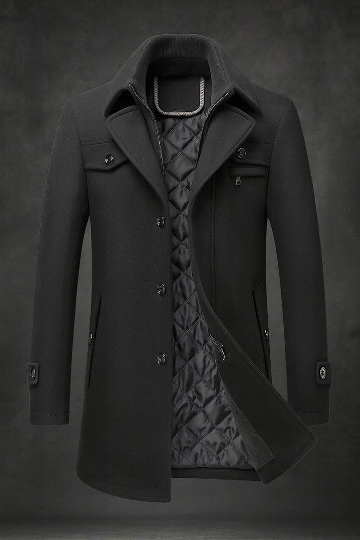 Men's Quilted-Lined Wool Coat Double-Collar Overcoat - Black
