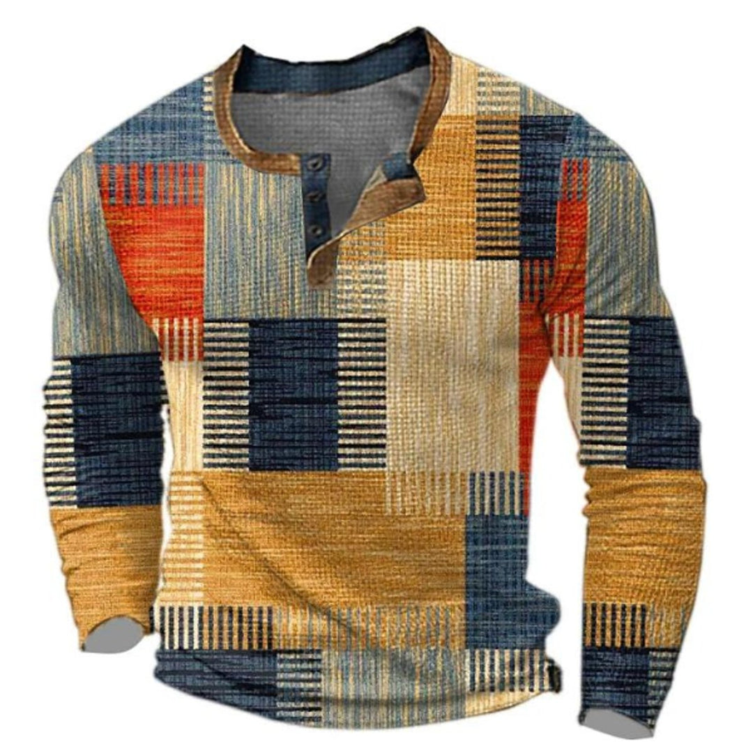 Men's Retro Colour Block Long Sleeve Mens Knit Sweater Henley Pullover - Orange