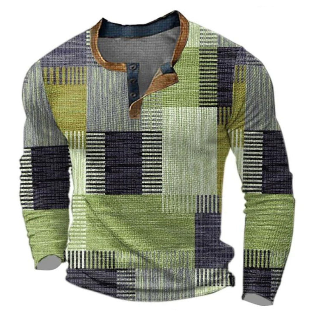 Men's Retro Colour Block Long Sleeve Mens Knit Sweater Henley Pullover - Green
