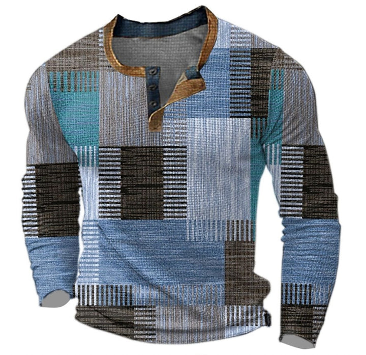 Men's Retro Colour Block Long Sleeve Mens Knit Sweater Henley Pullover - Blue