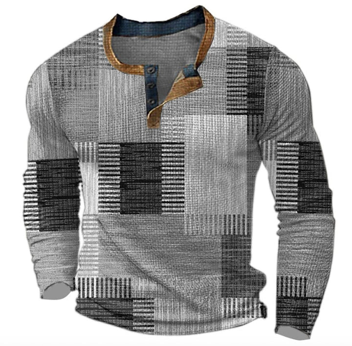 Men's Retro Colour Block Long Sleeve Mens Knit Sweater Henley Pullover - Grey