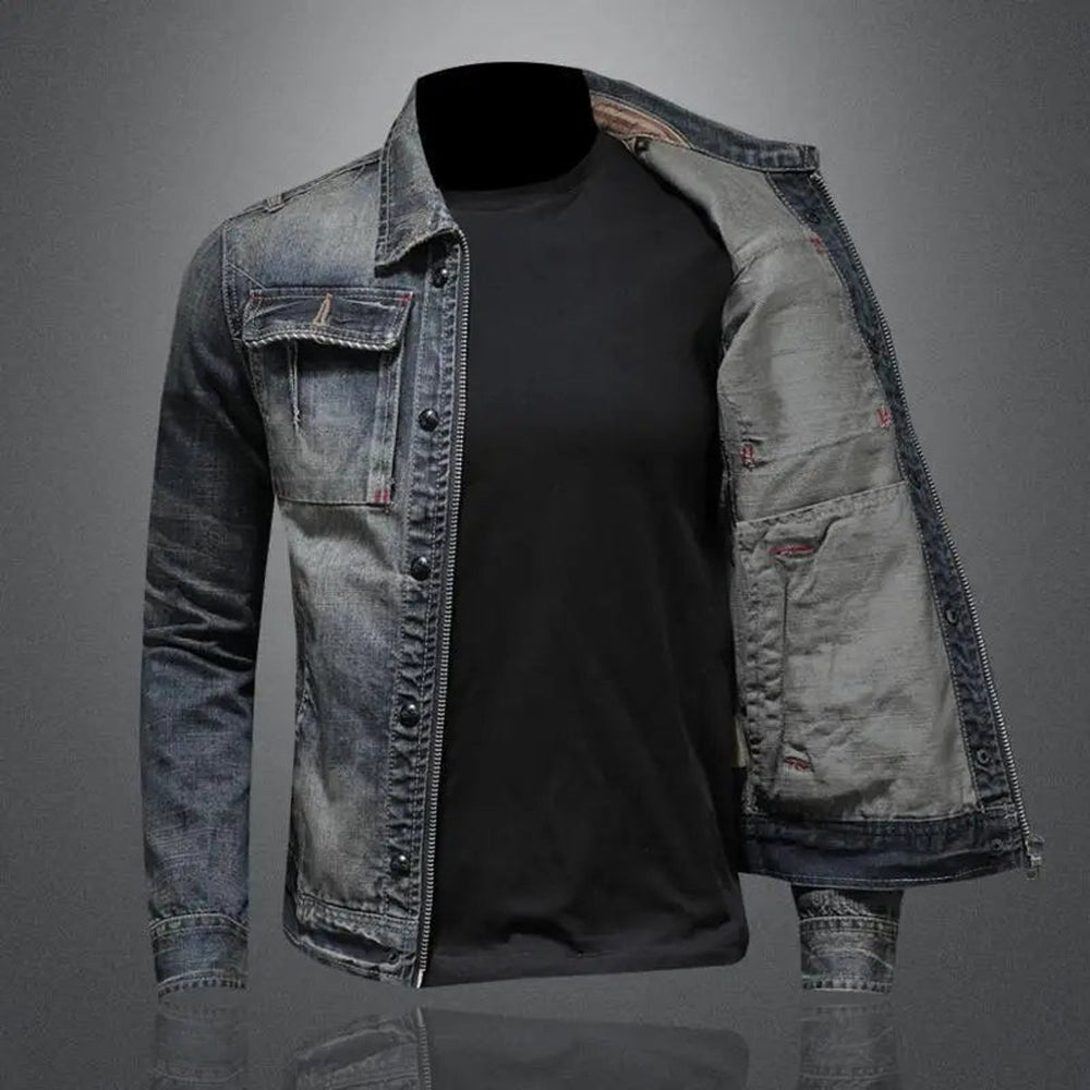 Men's Retro Washed Denim Zip-Up Jacket