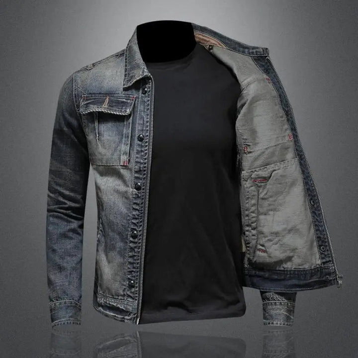 Men's Retro Washed Denim Zip-Up Jacket