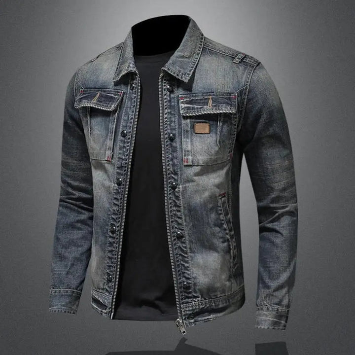 Men's Retro Washed Denim Zip-Up Jacket