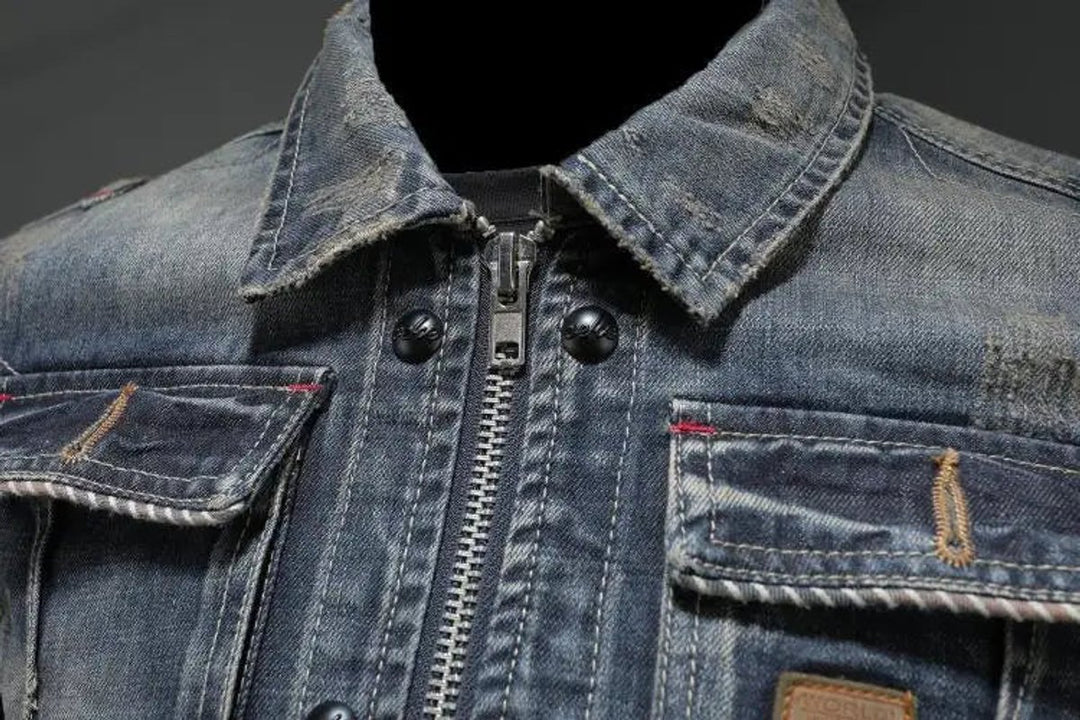 Men's Retro Washed Denim Zip-Up Jacket