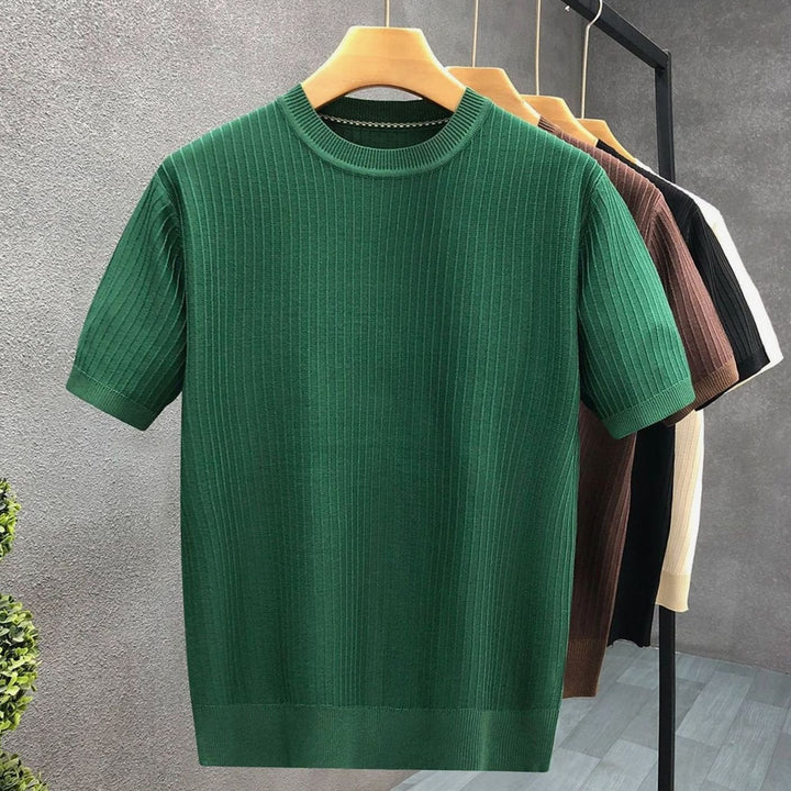 Men's Ribbed Knit Short-Sleeve Crewneck Mens Jumper - Green
