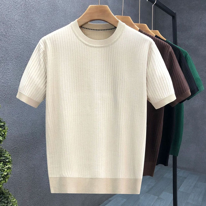 Men's Ribbed Knit Short-Sleeve Crewneck Mens Jumper - Beige