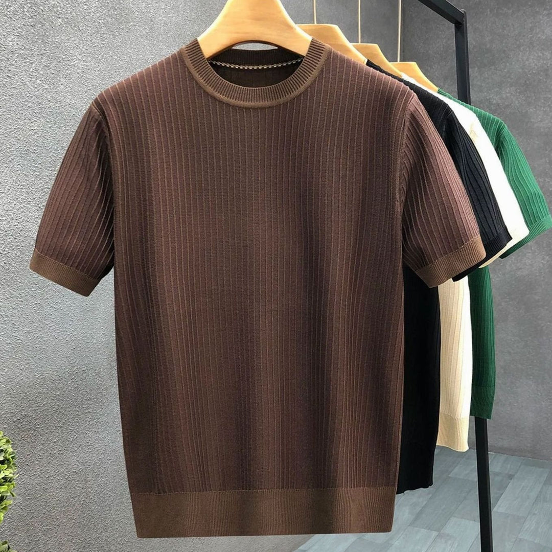 Men's Ribbed Knit Short-Sleeve Crewneck Mens Jumper - Brown