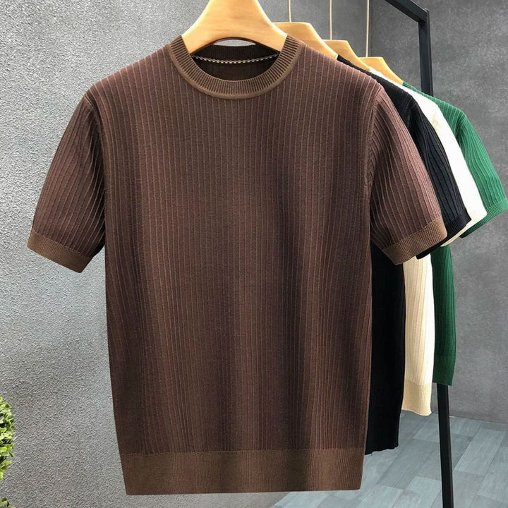 Men's Ribbed Knit Short-Sleeve Crewneck Mens Jumper - Brown