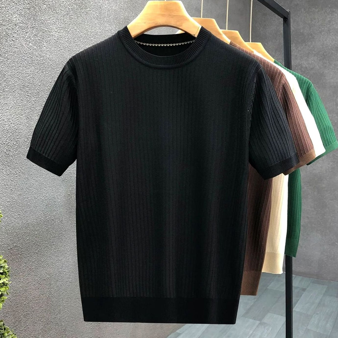 Men's Ribbed Knit Short-Sleeve Crewneck Mens Jumper - Black