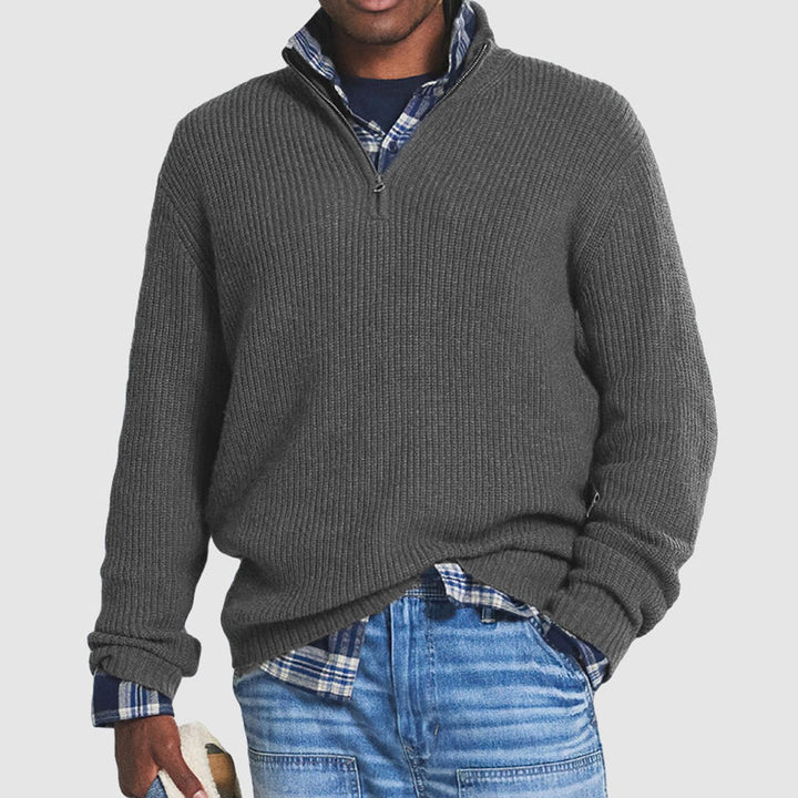 Men's Ribbed Knit Sweater Quarter-Zip Pullover - Grey