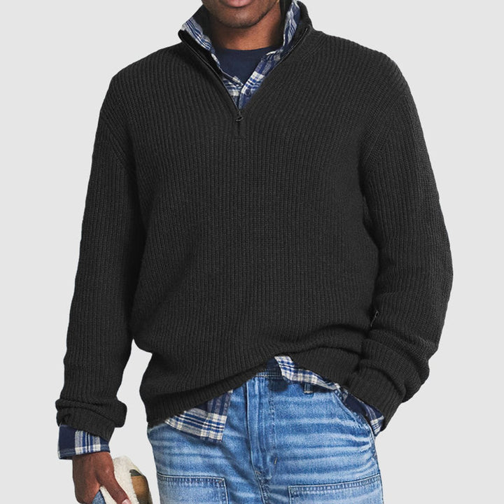 Men's Ribbed Knit Sweater Quarter-Zip Pullover - Black