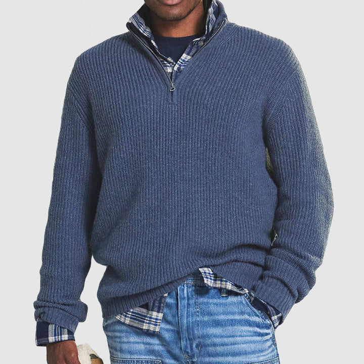 Men's Ribbed Knit Sweater Quarter-Zip Pullover - Blue