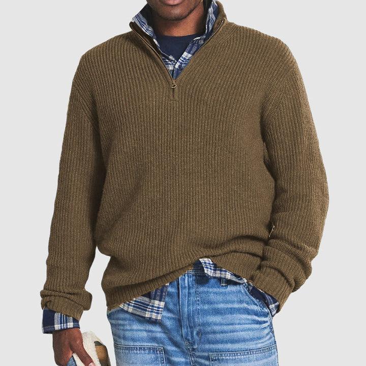 Men's Ribbed Knit Sweater Quarter-Zip Pullover - Brown
