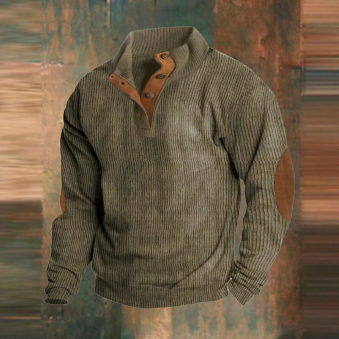 Men's Ribbed Knit Sweater Retro Quarter-Snap Pullover Elbow Patch - Green