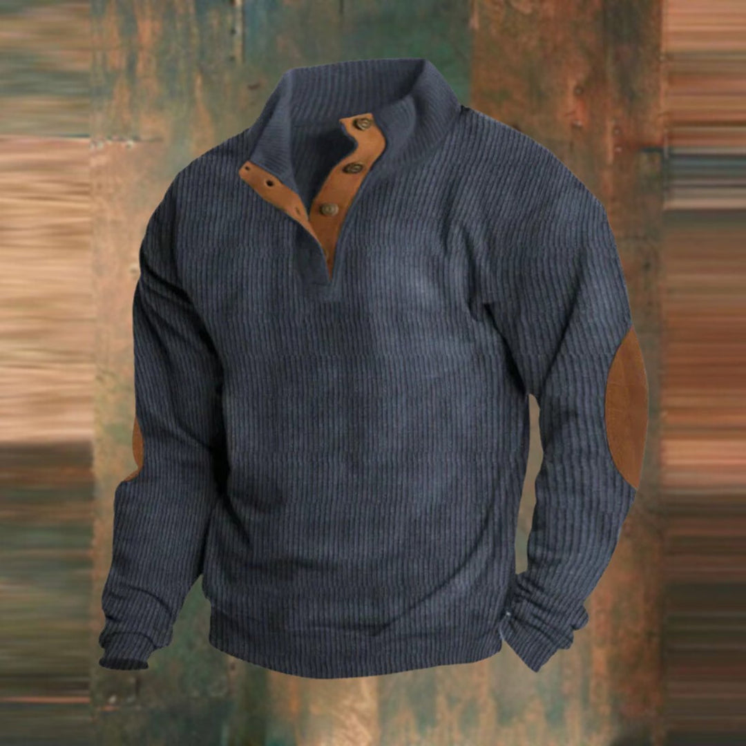 Men's Ribbed Knit Sweater Retro Quarter-Snap Pullover Elbow Patch - Navy Blue