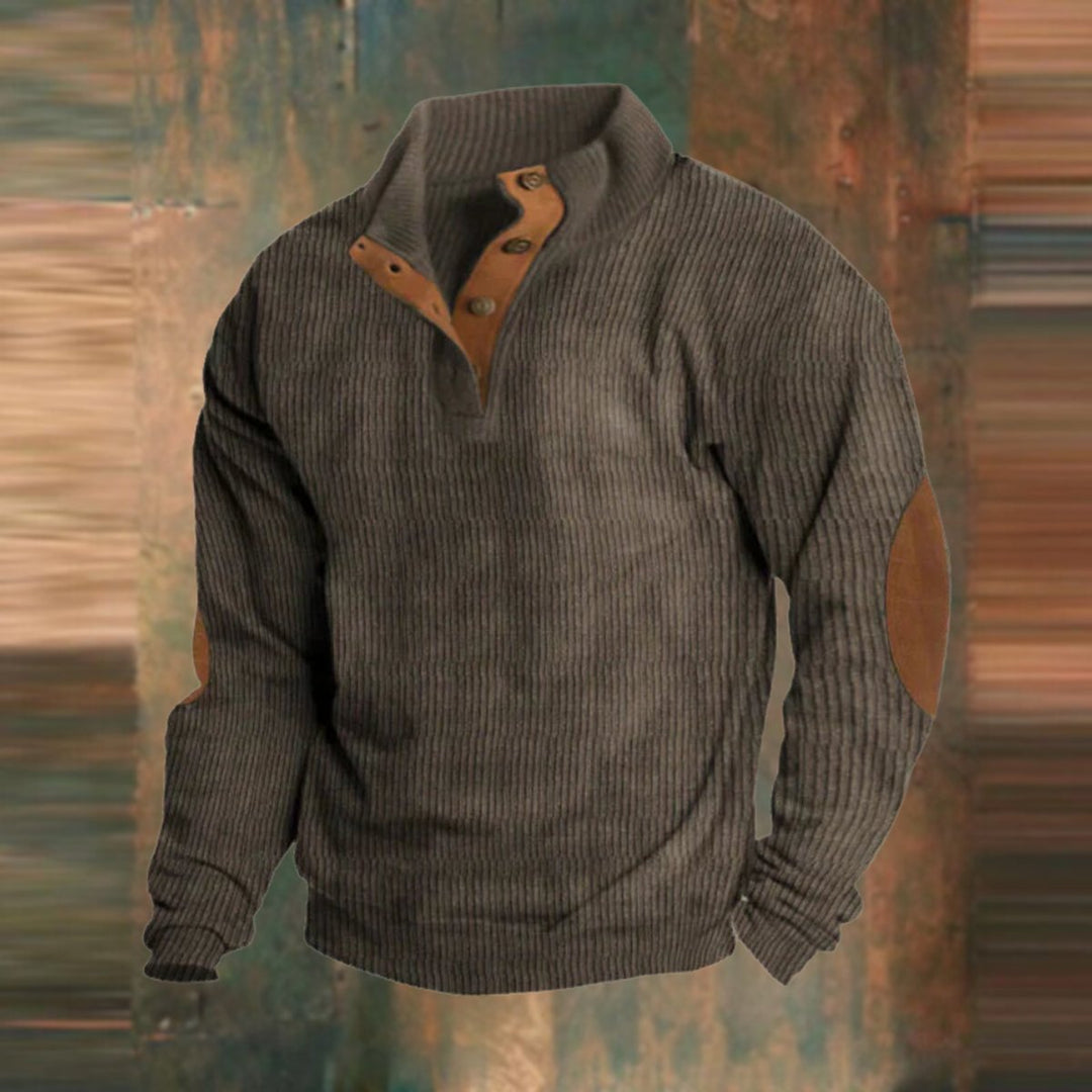Men's Ribbed Knit Sweater Retro Quarter-Snap Pullover Elbow Patch - Brown