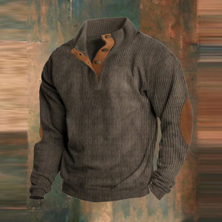 Men's Ribbed Knit Sweater Retro Quarter-Snap Pullover Elbow Patch - Brown
