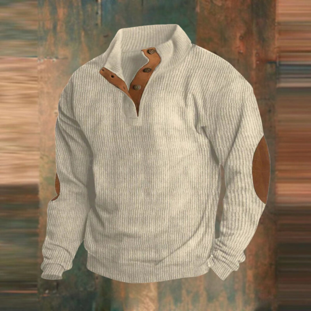 Men's Ribbed Knit Sweater Retro Quarter-Snap Pullover Elbow Patch - Beige