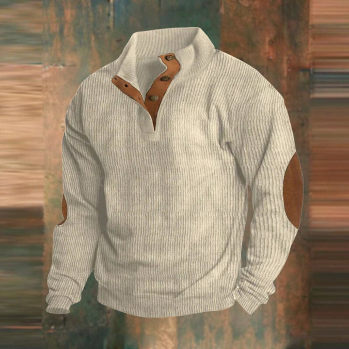 Men's Ribbed Knit Sweater Retro Quarter-Snap Pullover Elbow Patch - Beige