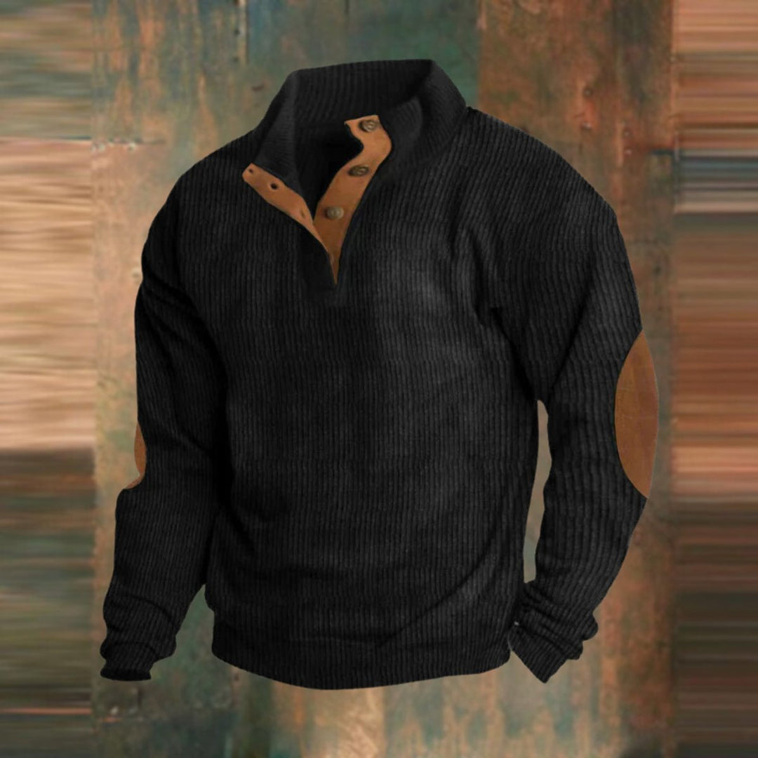 Men's Ribbed Knit Sweater Retro Quarter-Snap Pullover Elbow Patch - Black