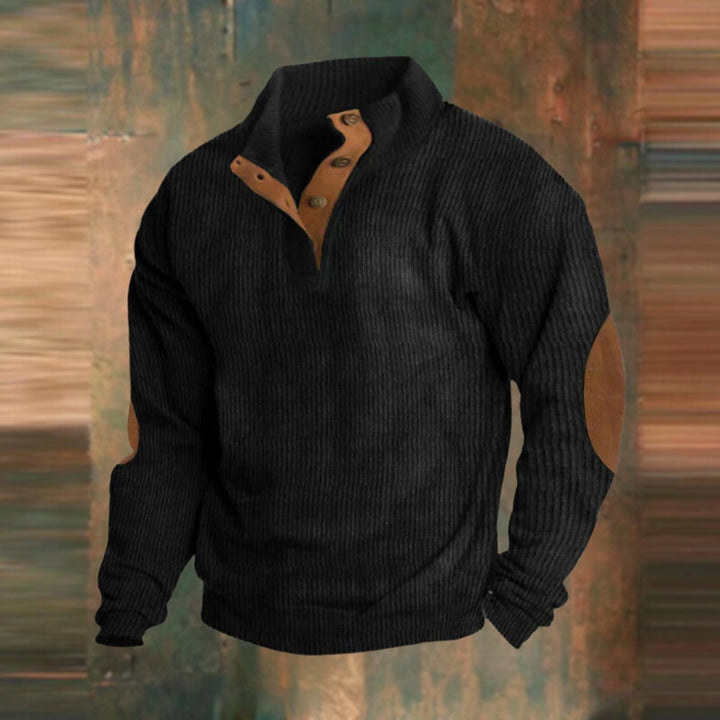Men's Ribbed Knit Sweater Retro Quarter-Snap Pullover Elbow Patch - Black