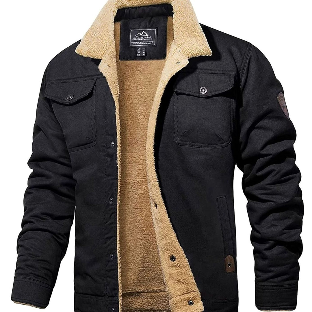 Men's Sherpa-Lined Fleece Cargo Winter Jacket - Black