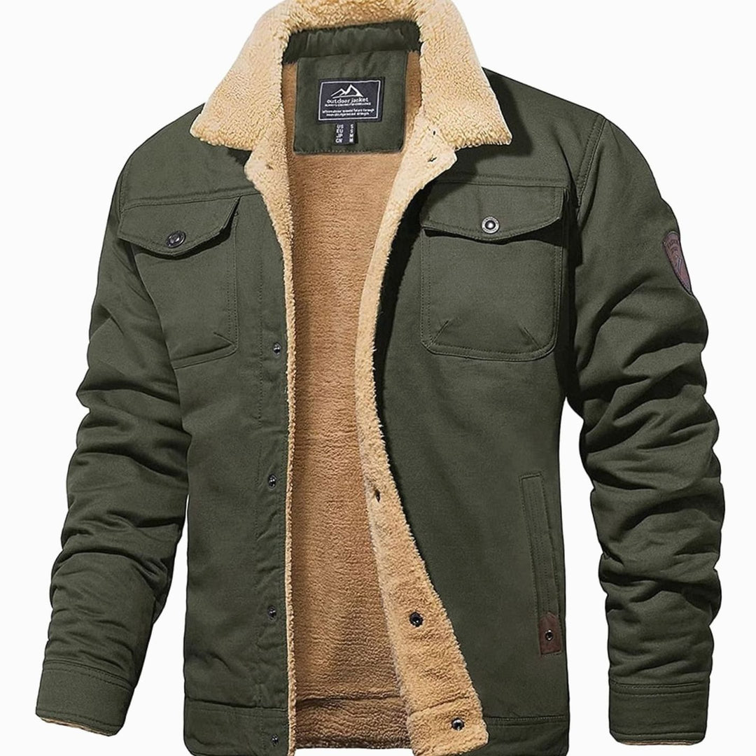 Men's Sherpa-Lined Fleece Cargo Winter Jacket - Army Green