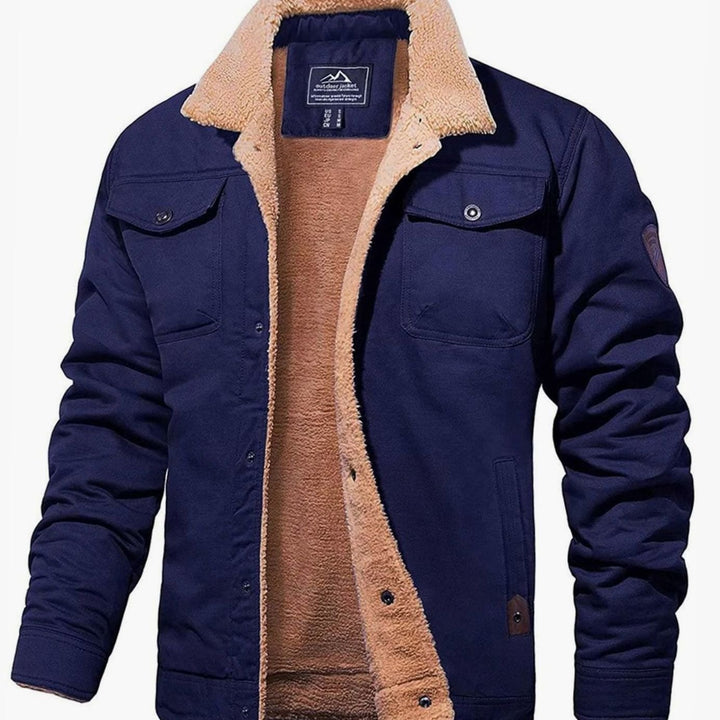 Men's Sherpa-Lined Fleece Cargo Winter Jacket - Navy Blue