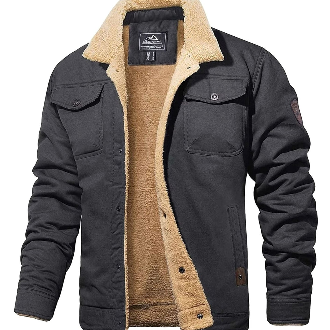 Men's Sherpa-Lined Fleece Cargo Winter Jacket - Dark Grey