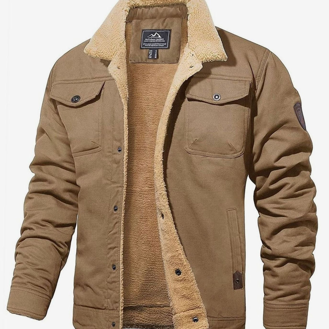 Men's Sherpa-Lined Fleece Cargo Winter Jacket - Khaki