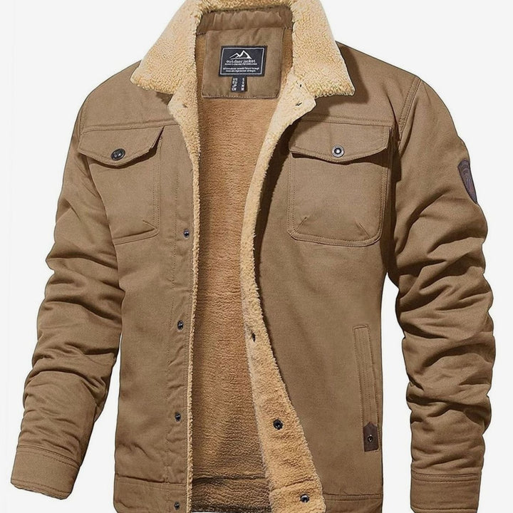 Men's Sherpa-Lined Fleece Cargo Winter Jacket - Khaki