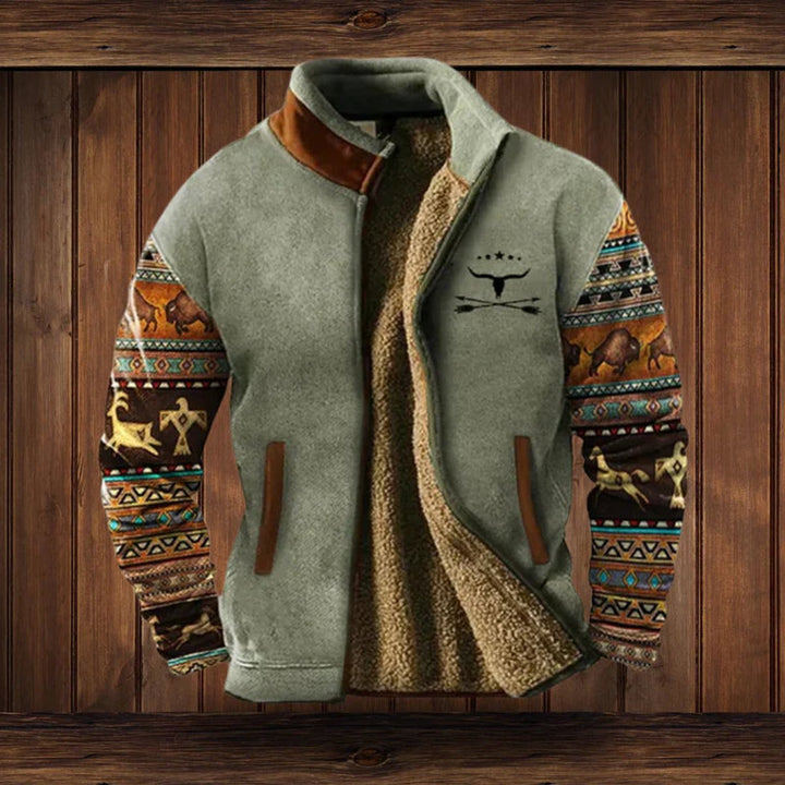Men's Sherpa-Lined Zip-Up Western Print Mens Cardigan Jacket - Grey with Print