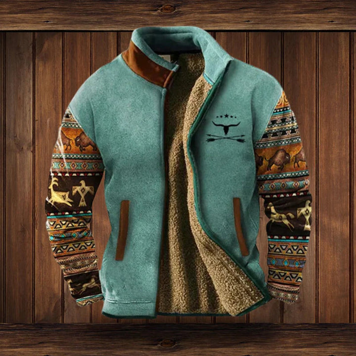 Men's Sherpa-Lined Zip-Up Western Print Mens Cardigan Jacket - Blue with Print