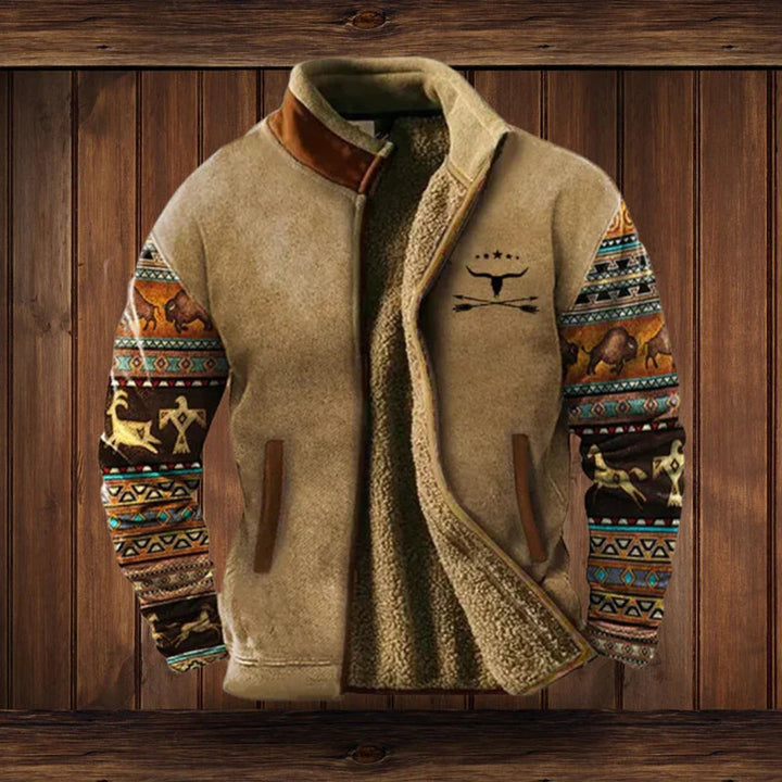 Men's Sherpa-Lined Zip-Up Western Print Mens Cardigan Jacket - Brown with Print