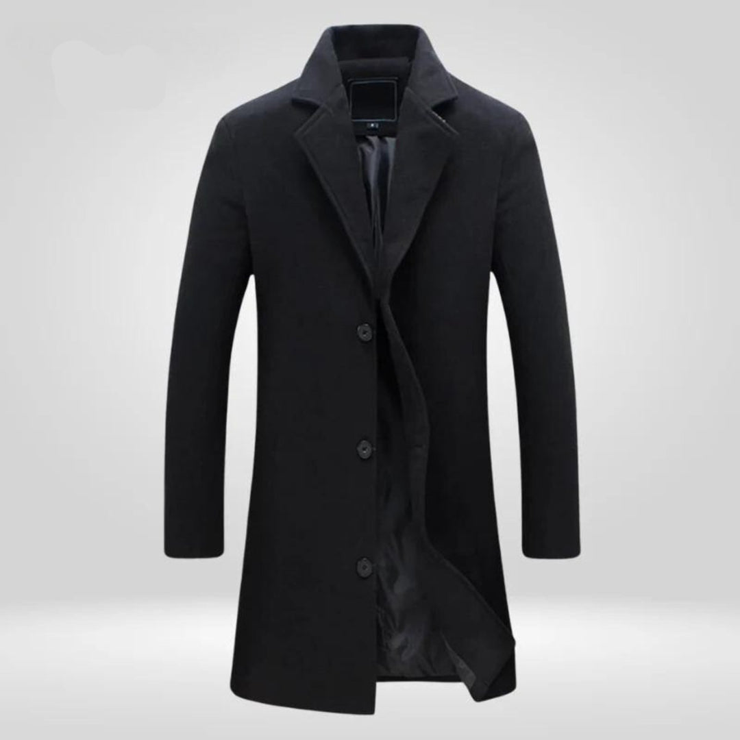 Men's Single-Breasted Wool Coat Long Overcoat - Black