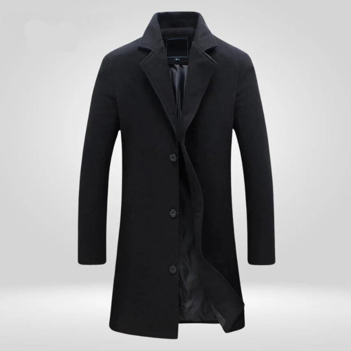 Men's Single-Breasted Wool Coat Long Overcoat - Black