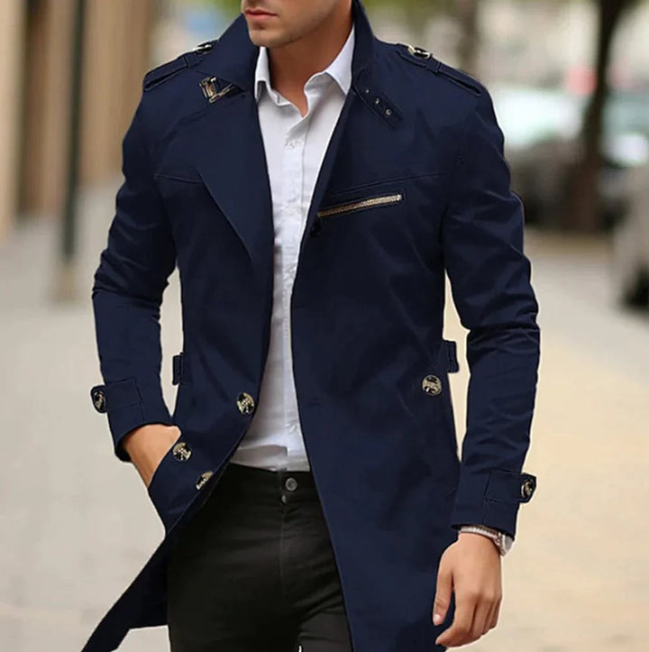 Men's Slim-Fit Belted Trench Mens Wool Coat Epaulette Jacket - Dark Blue