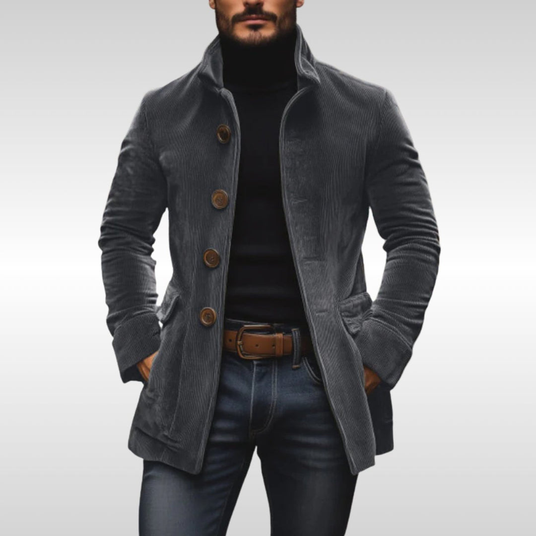 Men's Slim-Fit Corduroy Wool Coat Stand-Collar Button-Up Jacket - Grey