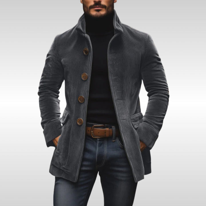 Men's Slim-Fit Corduroy Wool Coat Stand-Collar Button-Up Jacket - Grey