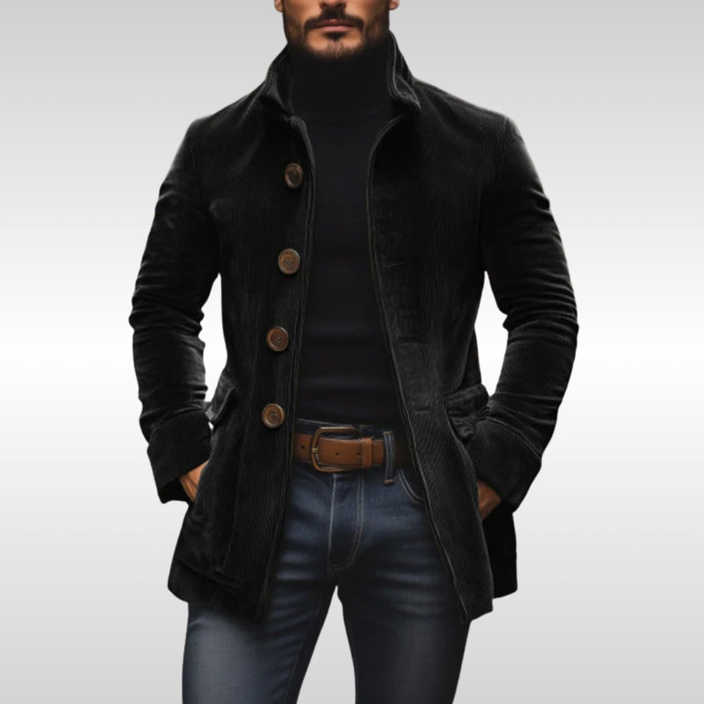 Men's Slim-Fit Corduroy Wool Coat Stand-Collar Button-Up Jacket - Black