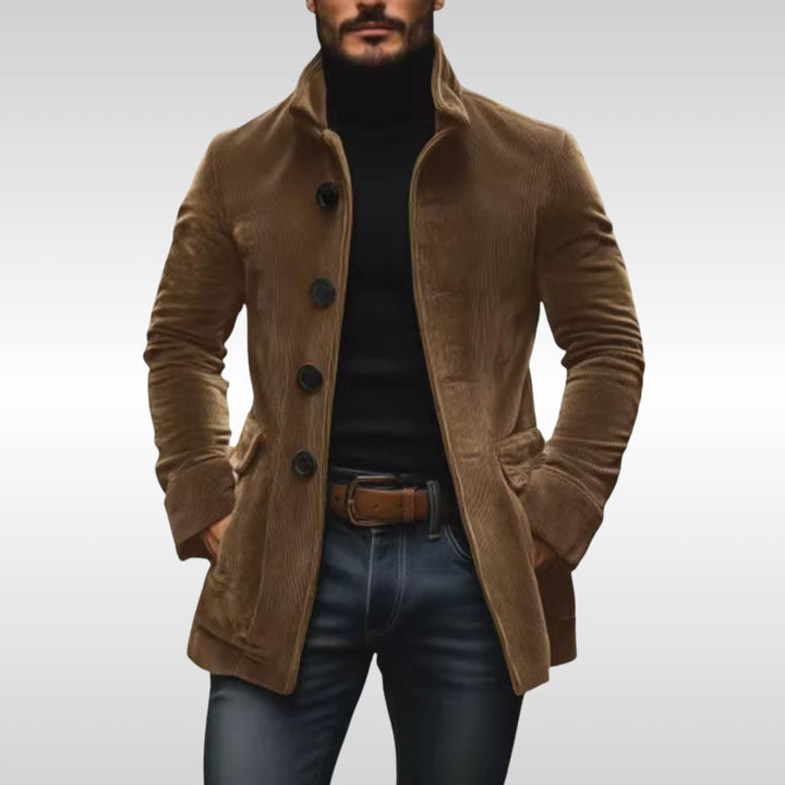 Men's Slim-Fit Corduroy Wool Coat Stand-Collar Button-Up Jacket - Light Brown