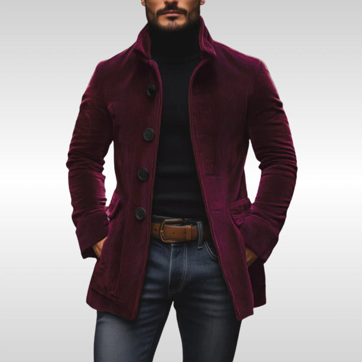 Men's Slim-Fit Corduroy Wool Coat Stand-Collar Button-Up Jacket - Burgundy