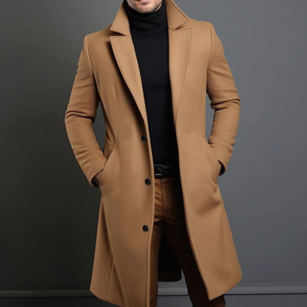 Men's Slim-Fit Long Wool Coat Tailored Overcoat - Brown