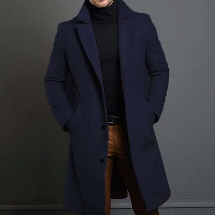 Men's Slim-Fit Long Wool Coat Tailored Overcoat - Blue