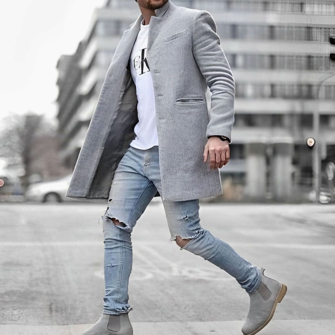 Men's Slim-Fit Mid-Length Mens Winter Coat Stand Collar Overcoat - Gray